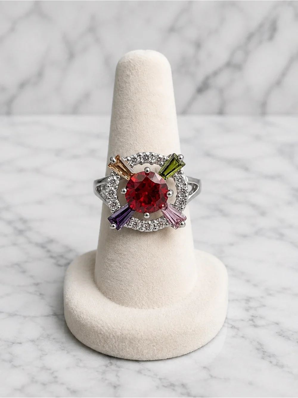 18K White Gold Filled Ring | Ruby Red AAA CZ Halo | Multicolor Accent Stones | S